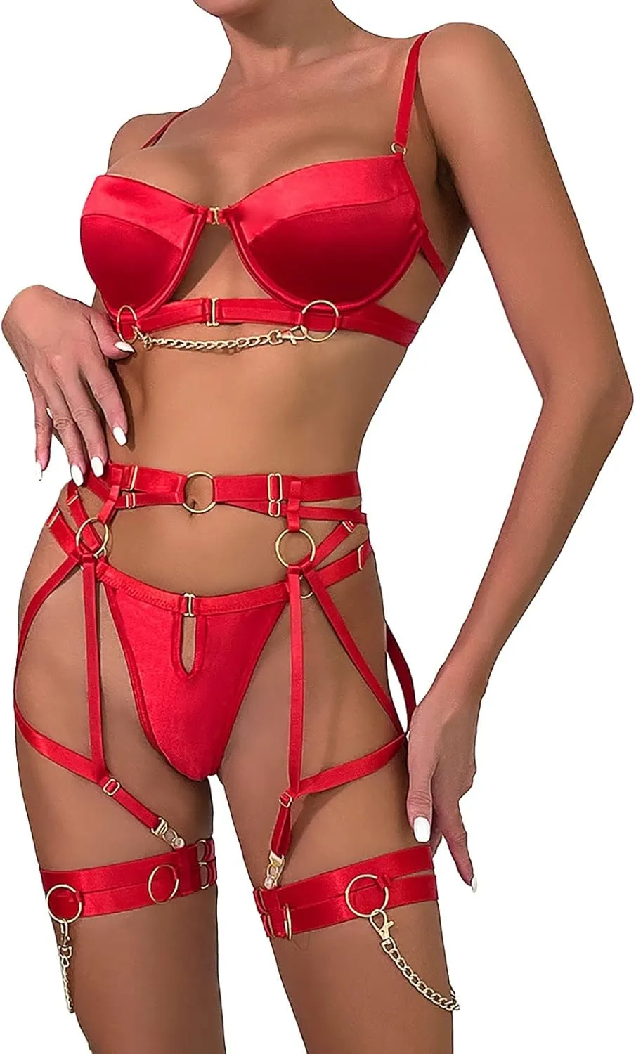Womens Lingerie Faux Leather Garter with Underwire Push Up Bra and Chain Lace Bodysuit