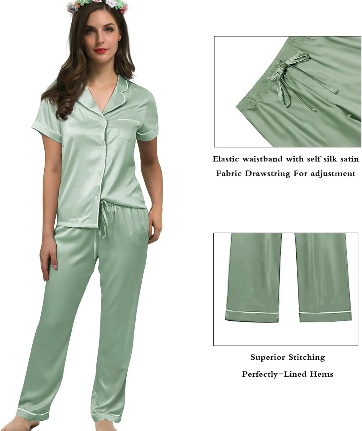 Womens Pajamas Set XS-4XL Silk Satin Pajama Sets Short Pj Sets Button Down Pjs Set Loungewear Sleepwear