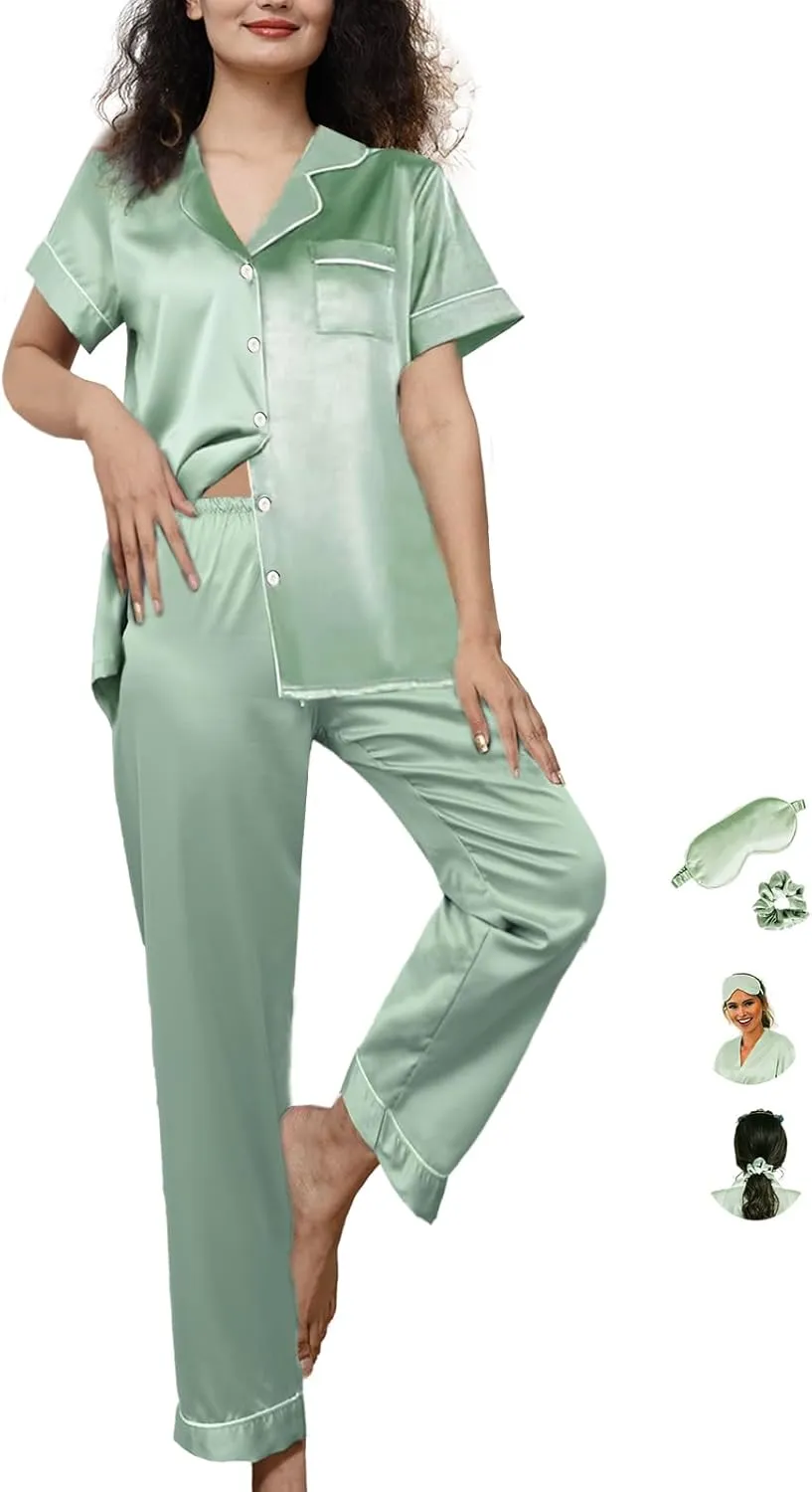 Womens Pajamas Set XS-4XL Silk Satin Pajama Sets Short Pj Sets Button Down Pjs Set Loungewear Sleepwear