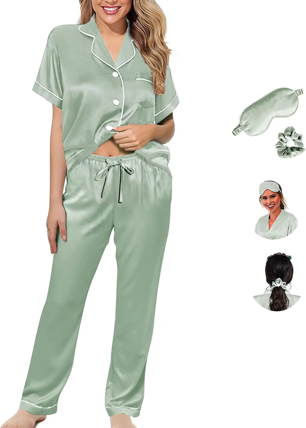 Womens Pajamas Set XS-4XL Silk Satin Pajama Sets Short Pj Sets Button Down Pjs Set Loungewear Sleepwear