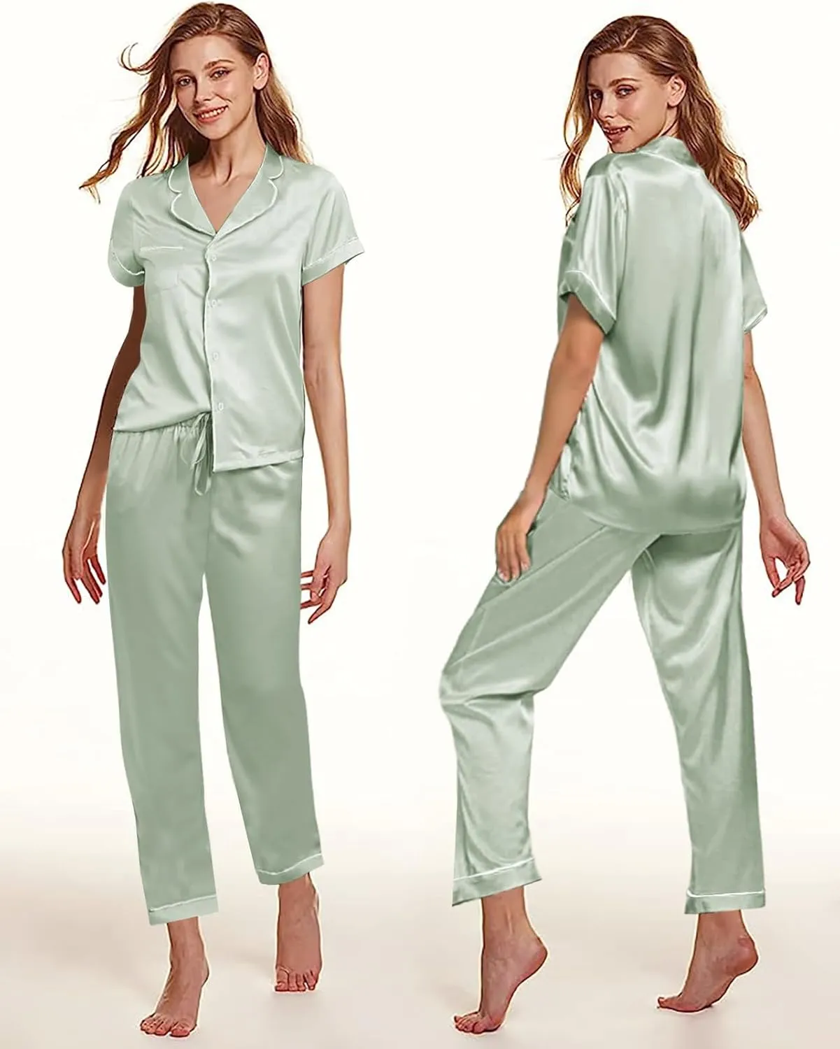 Womens Pajamas Set XS-4XL Silk Satin Pajama Sets Short Pj Sets Button Down Pjs Set Loungewear Sleepwear