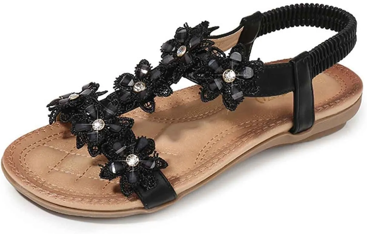 Womens Sandals with Flower Grabbing t-Straps - Casuals Womens Sandals with Stretch Back Strap Heels for Women