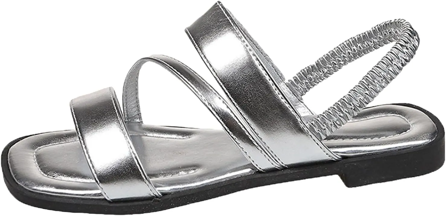 Womens Slip On Sandals Womens Elastic Strappy Flat Shoes for Summer Dressy Casual Walking Sandals