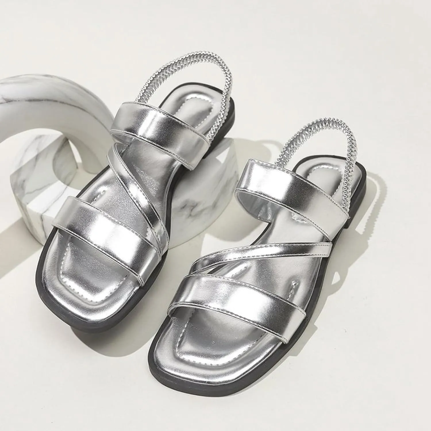 Womens Slip On Sandals Womens Elastic Strappy Flat Shoes for Summer Dressy Casual Walking Sandals