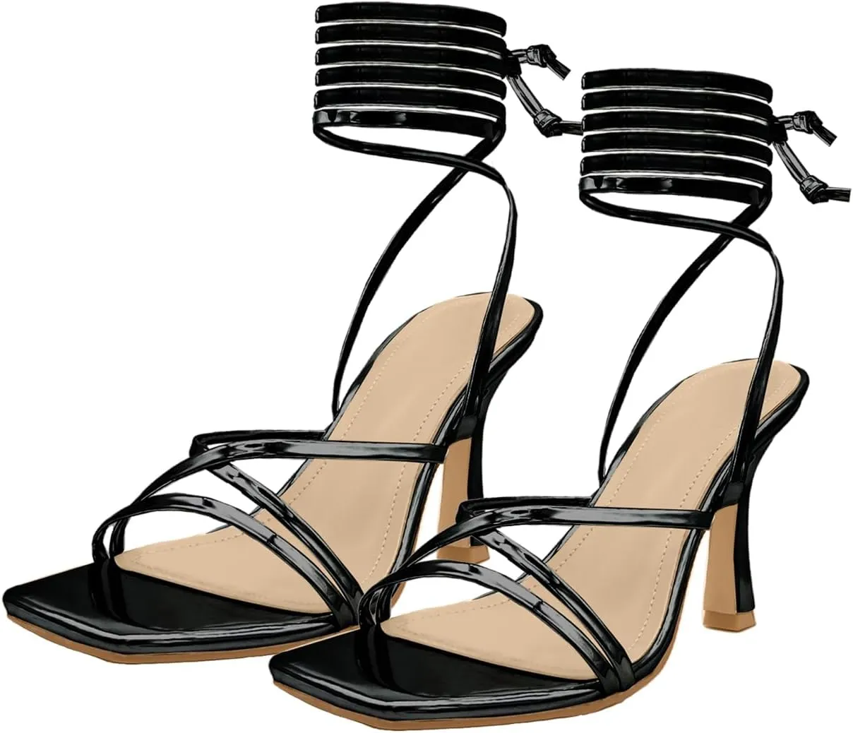 Womens Strappy Stiletto High Heeled Square Toe Sandals
