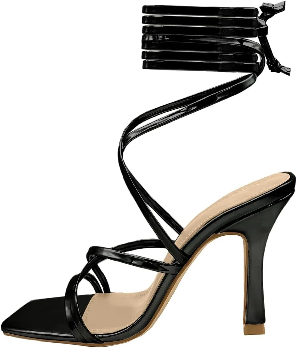 Womens Strappy Stiletto High Heeled Square Toe Sandals
