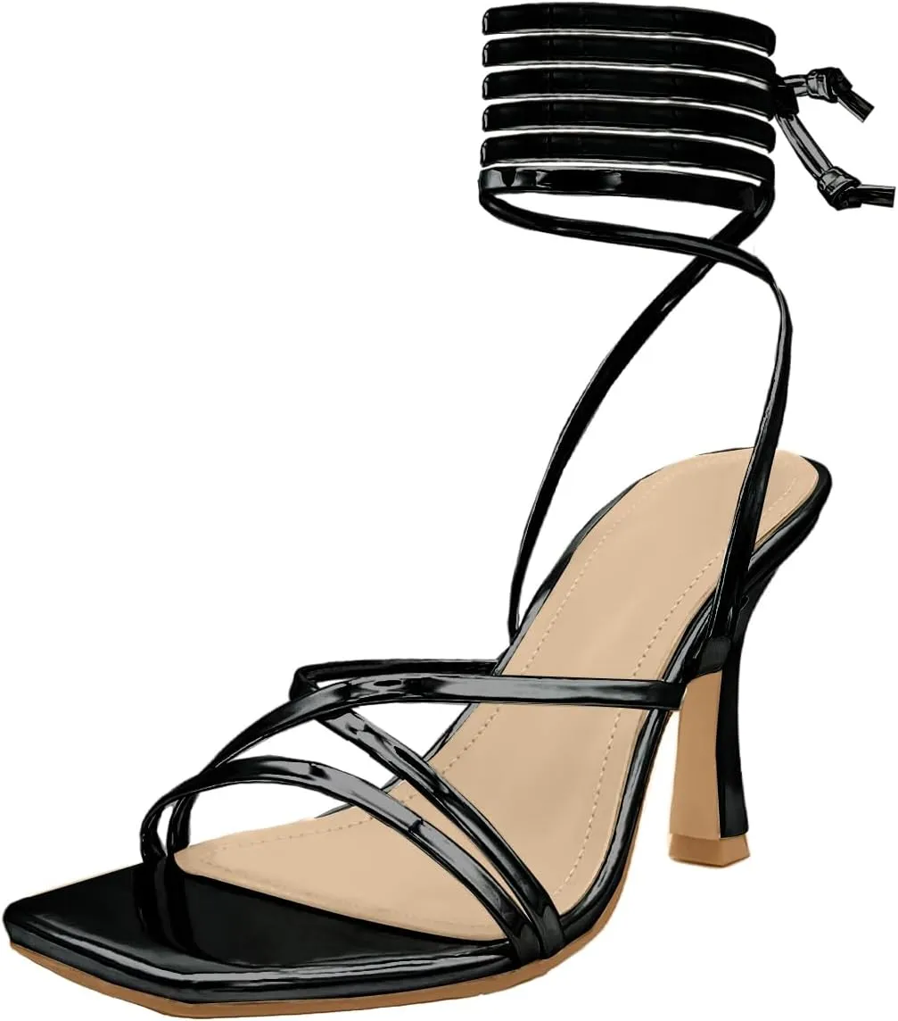 Womens Strappy Stiletto High Heeled Square Toe Sandals
