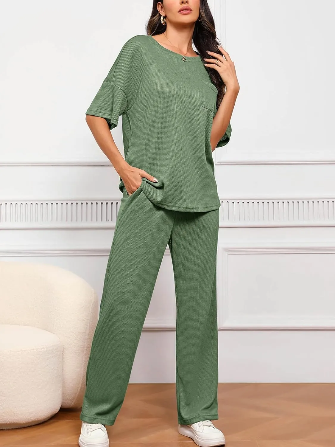 Womens Waffle Knit Pajama Sets Summer Short Sleeve Shirt Top with Long Pant Lounge Sets Soft Loungewear Pj Set