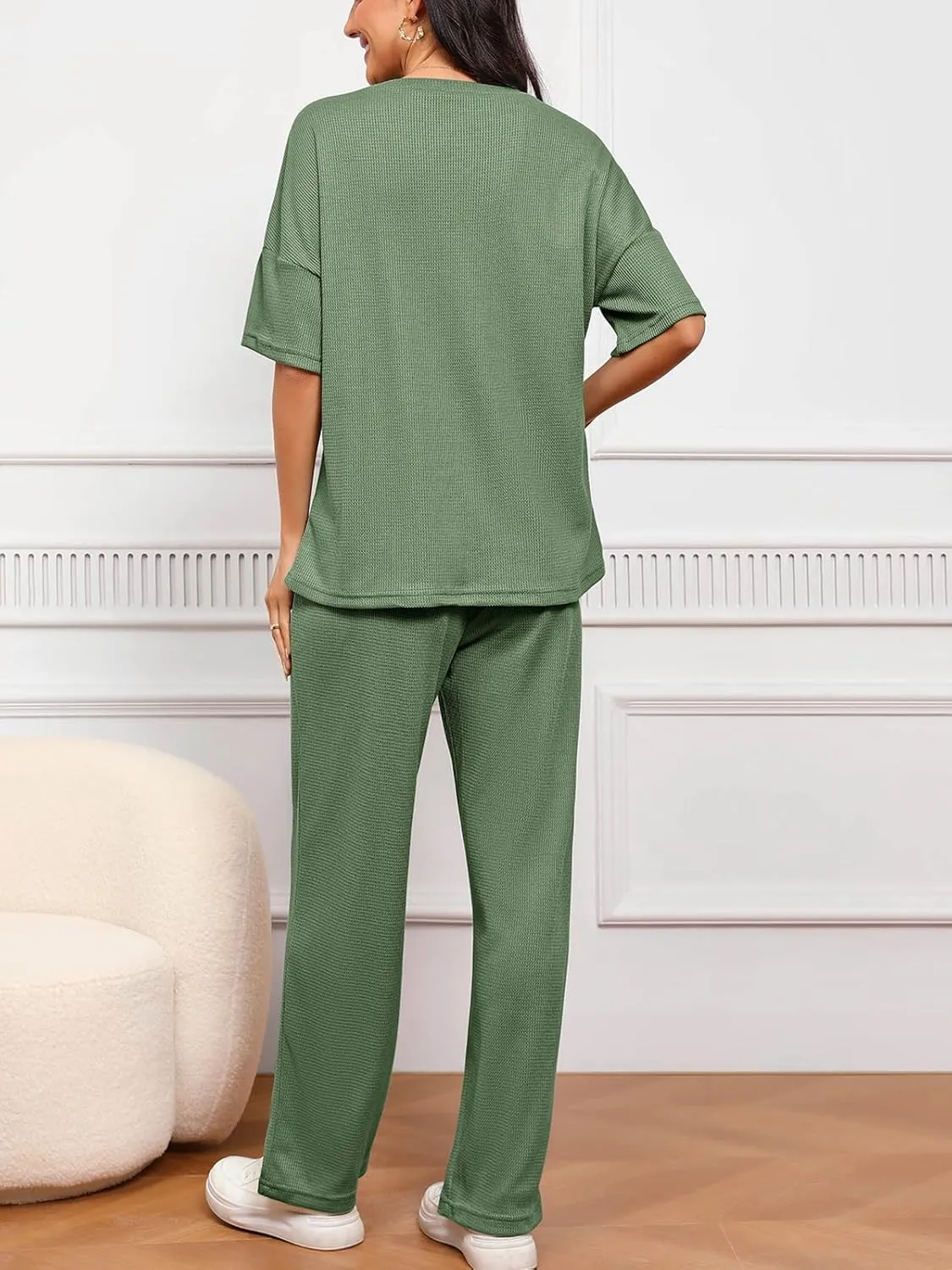 Womens Waffle Knit Pajama Sets Summer Short Sleeve Shirt Top with Long Pant Lounge Sets Soft Loungewear Pj Set