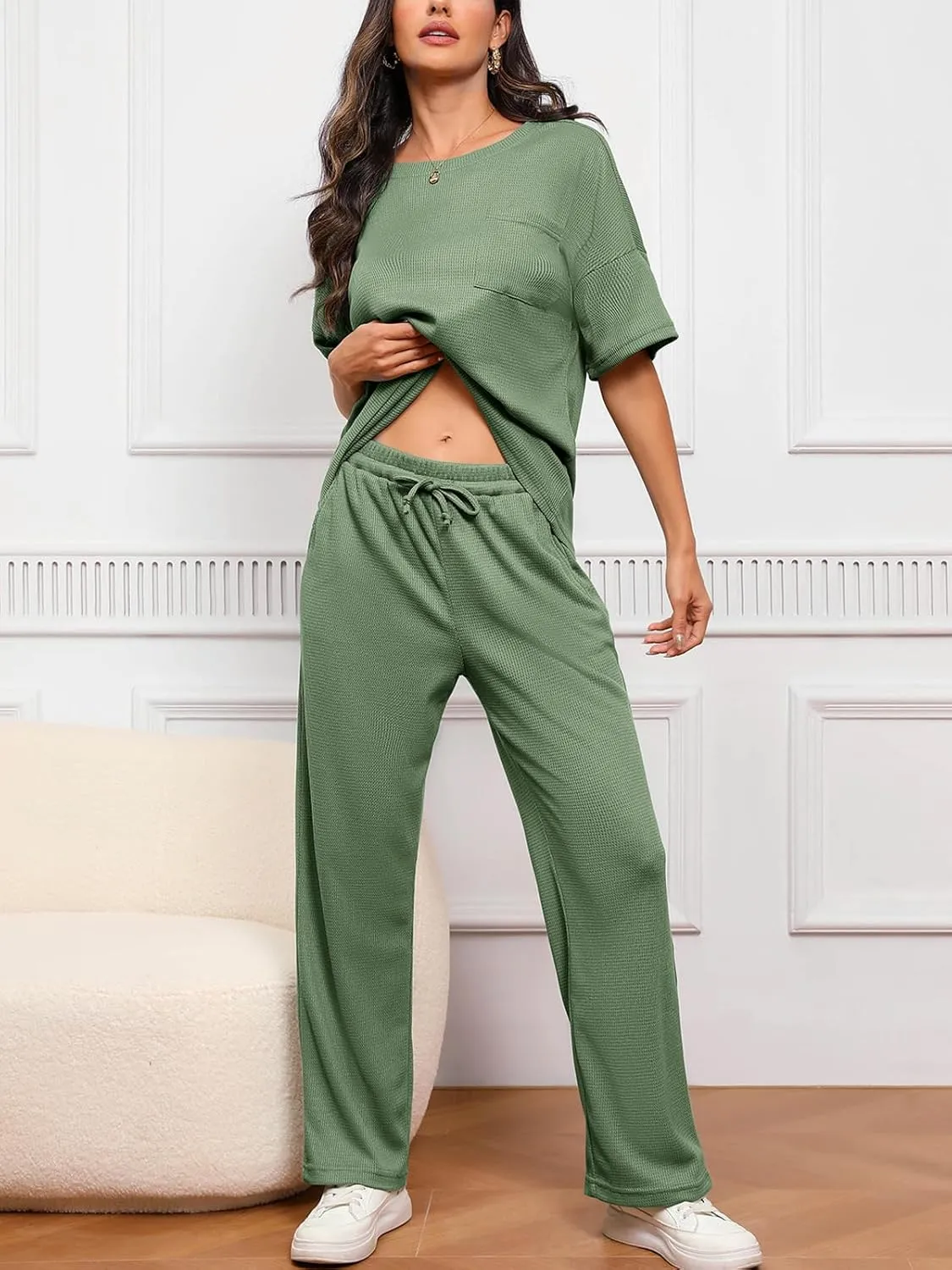 Womens Waffle Knit Pajama Sets Summer Short Sleeve Shirt Top with Long Pant Lounge Sets Soft Loungewear Pj Set
