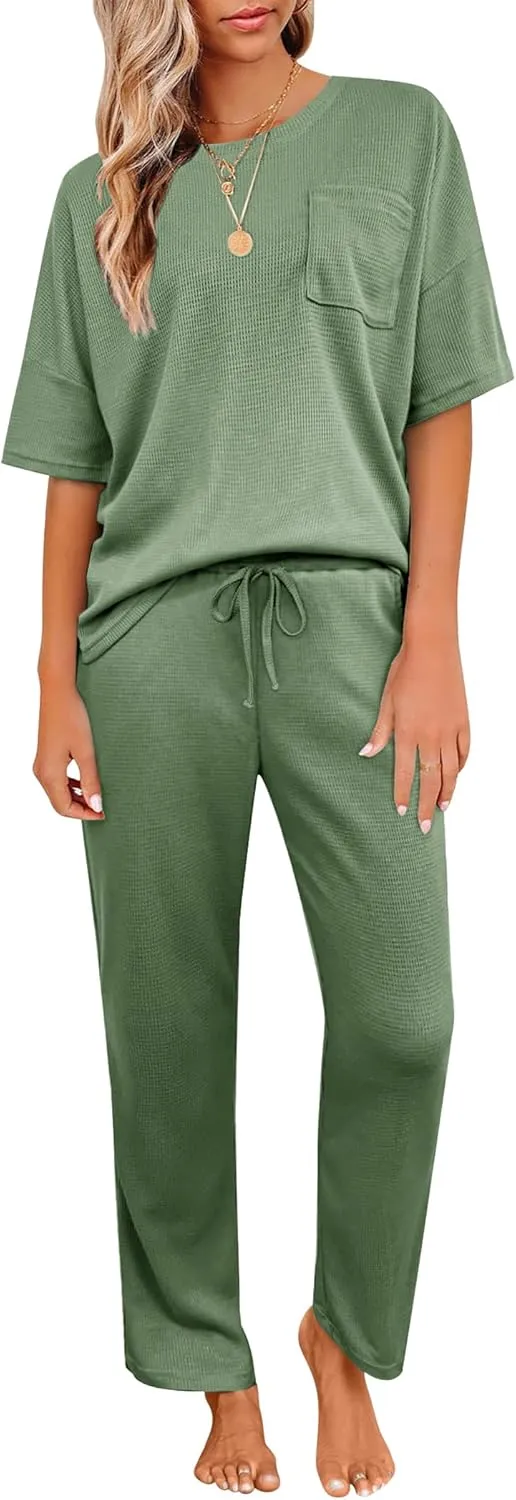 Womens Waffle Knit Pajama Sets Summer Short Sleeve Shirt Top with Long Pant Lounge Sets Soft Loungewear Pj Set