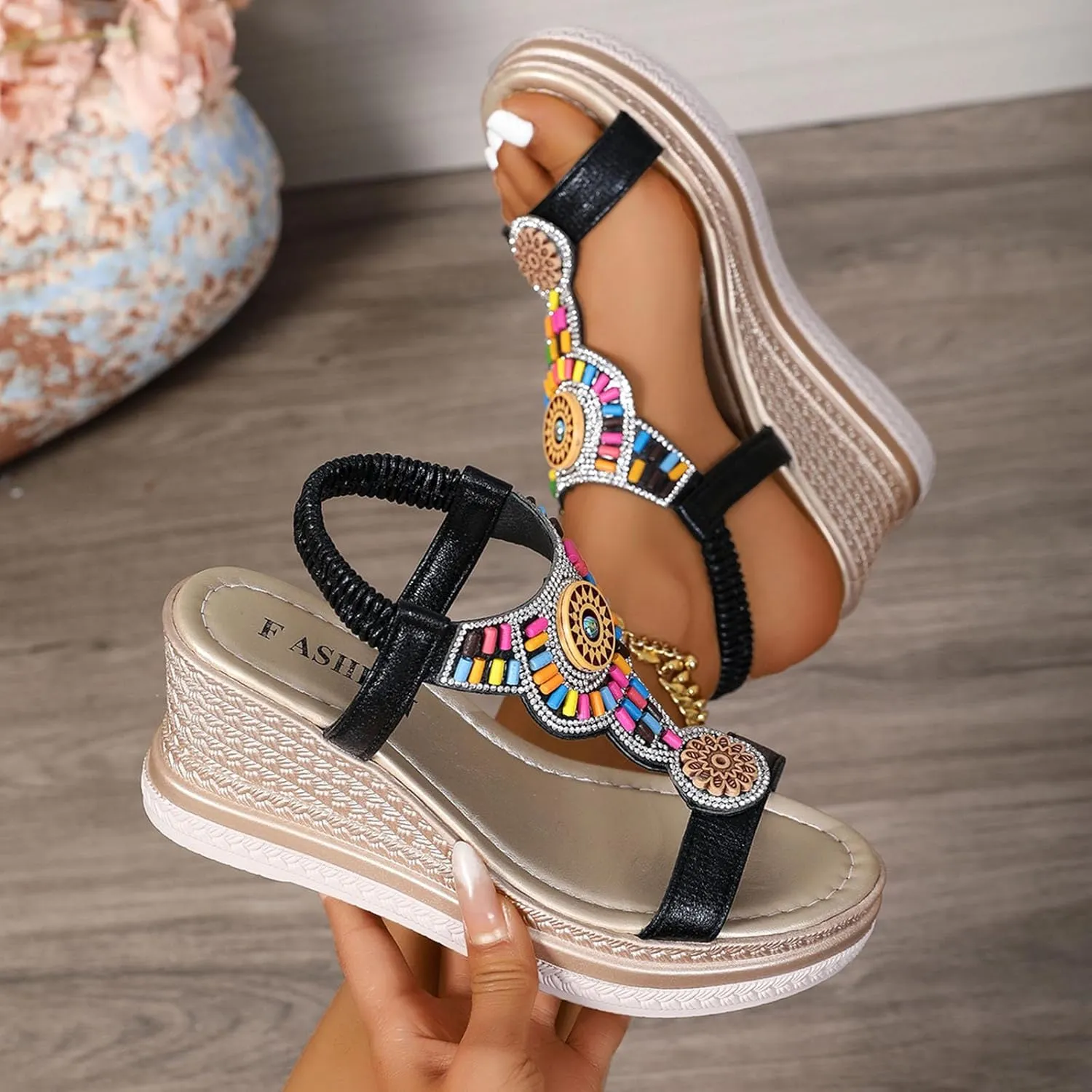 Womens Wide Width Wedges Sandals Open Toe Platforms With Ankle Strap Casual Summer Heels Beach Outdoor Boho Shoes