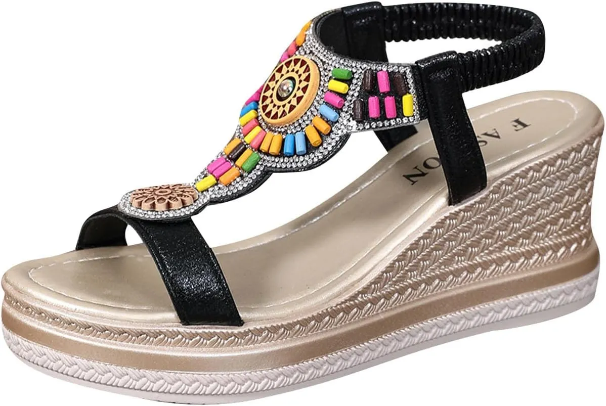 Womens Wide Width Wedges Sandals Open Toe Platforms With Ankle Strap Casual Summer Heels Beach Outdoor Boho Shoes