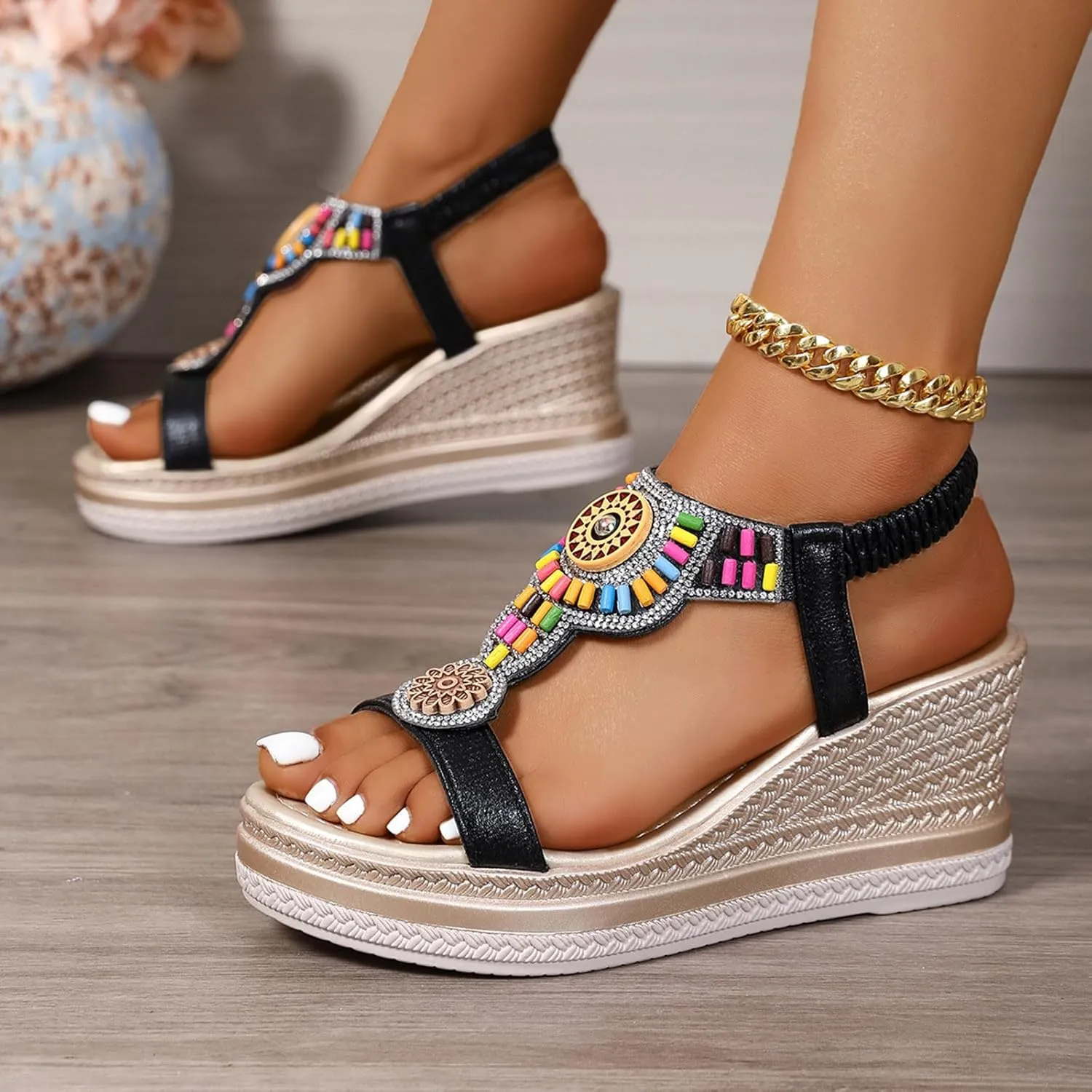 Womens Wide Width Wedges Sandals Open Toe Platforms With Ankle Strap Casual Summer Heels Beach Outdoor Boho Shoes