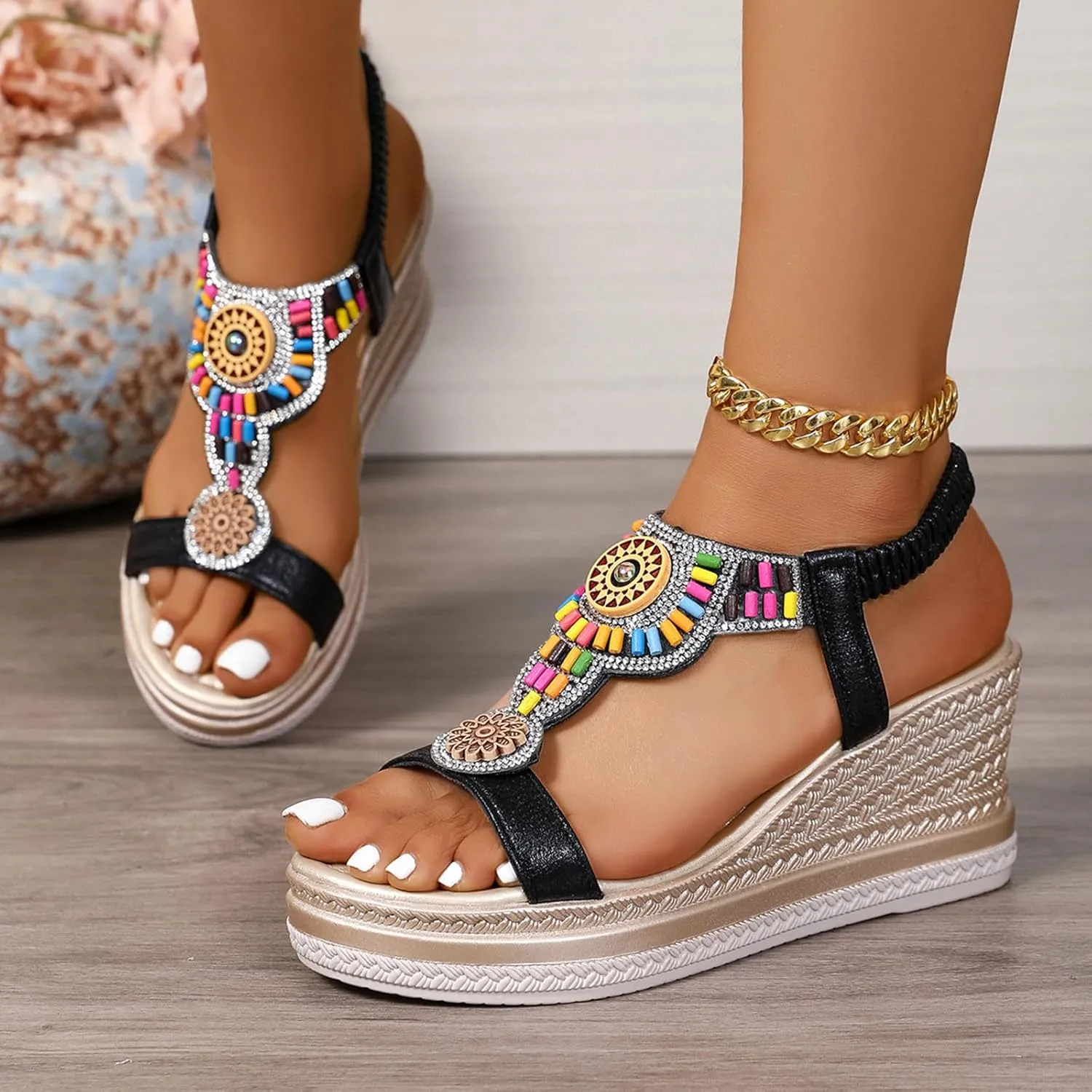 Womens Wide Width Wedges Sandals Open Toe Platforms With Ankle Strap Casual Summer Heels Beach Outdoor Boho Shoes