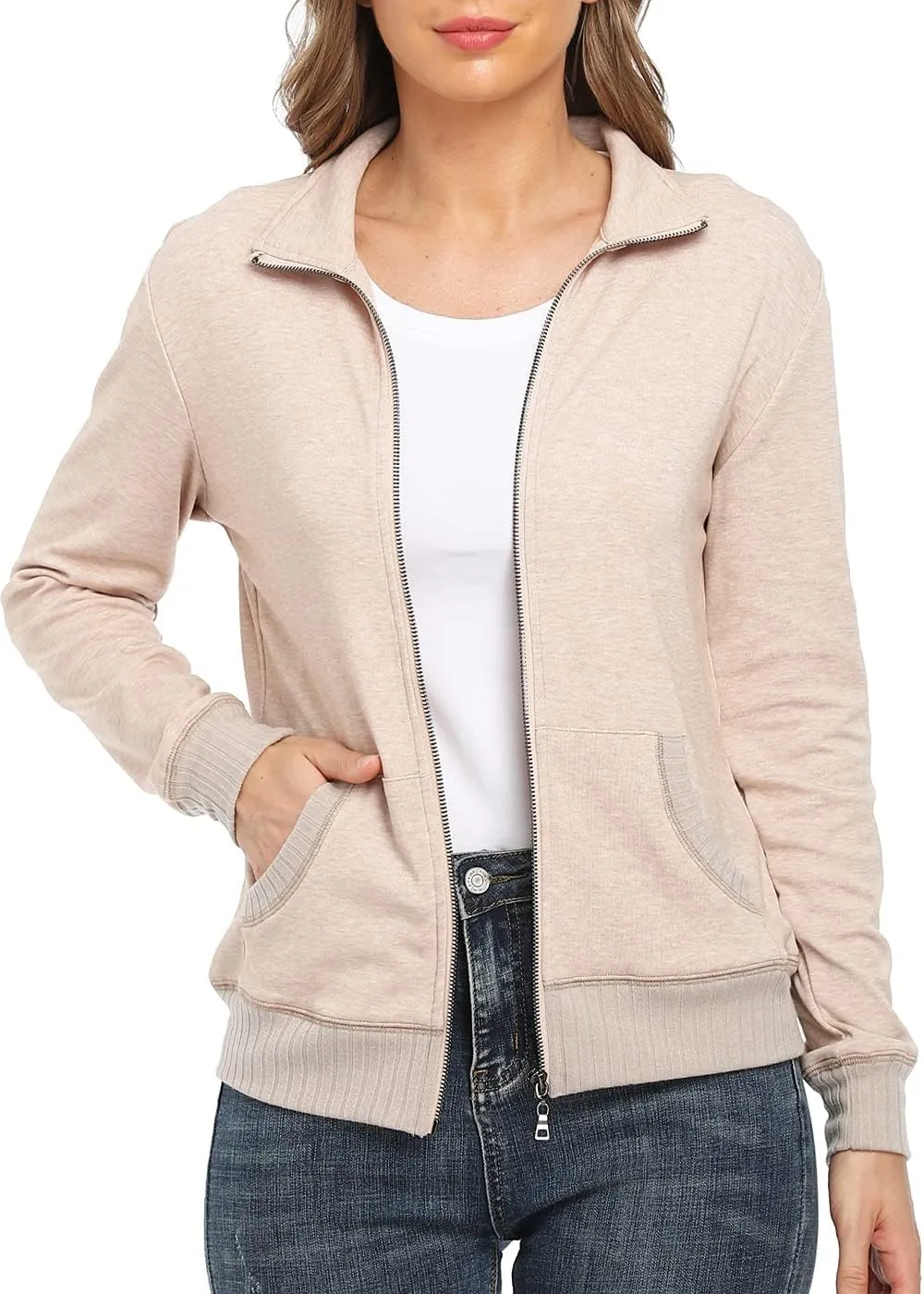 Women's Zip up Sweatshirt Jacket Stand Collar Hoodless Running Sweatshirt with Pockets