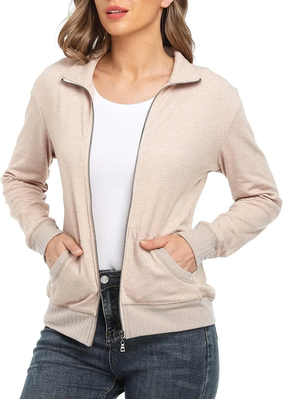 Women's Zip up Sweatshirt Jacket Stand Collar Hoodless Running Sweatshirt with Pockets