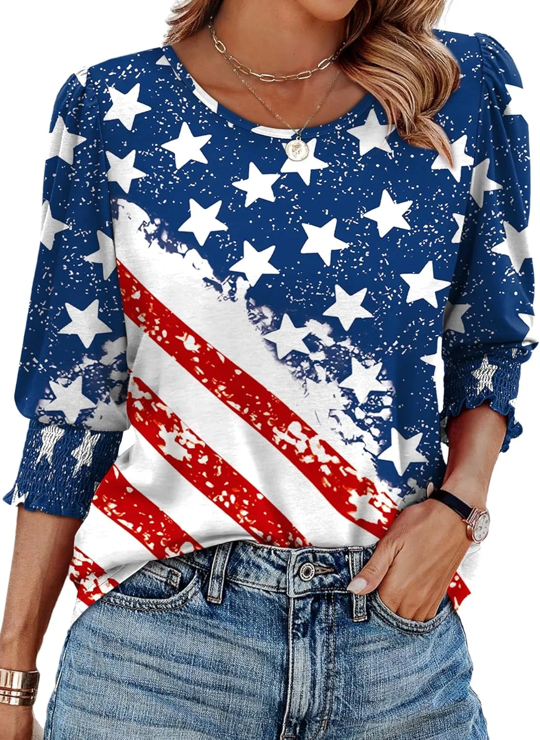 XIEERDUO Blouses for Women Dressy Casual 3/4 Length Sleeve Womens Tops with Smocked Cuffs