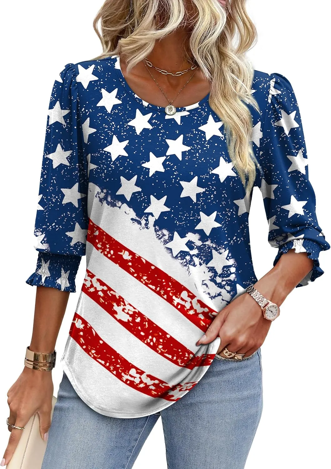 XIEERDUO Blouses for Women Dressy Casual 3/4 Length Sleeve Womens Tops with Smocked Cuffs