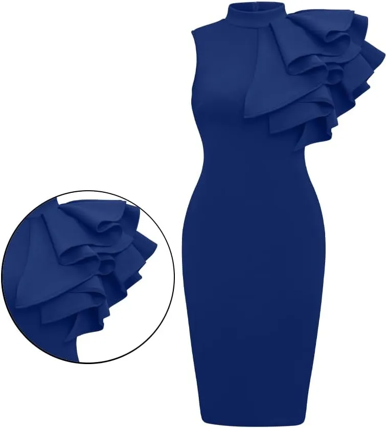 XXTAXN Women's Cocktail Bodycon Ruffle Sleeveless Formal Midi Pencil Dress