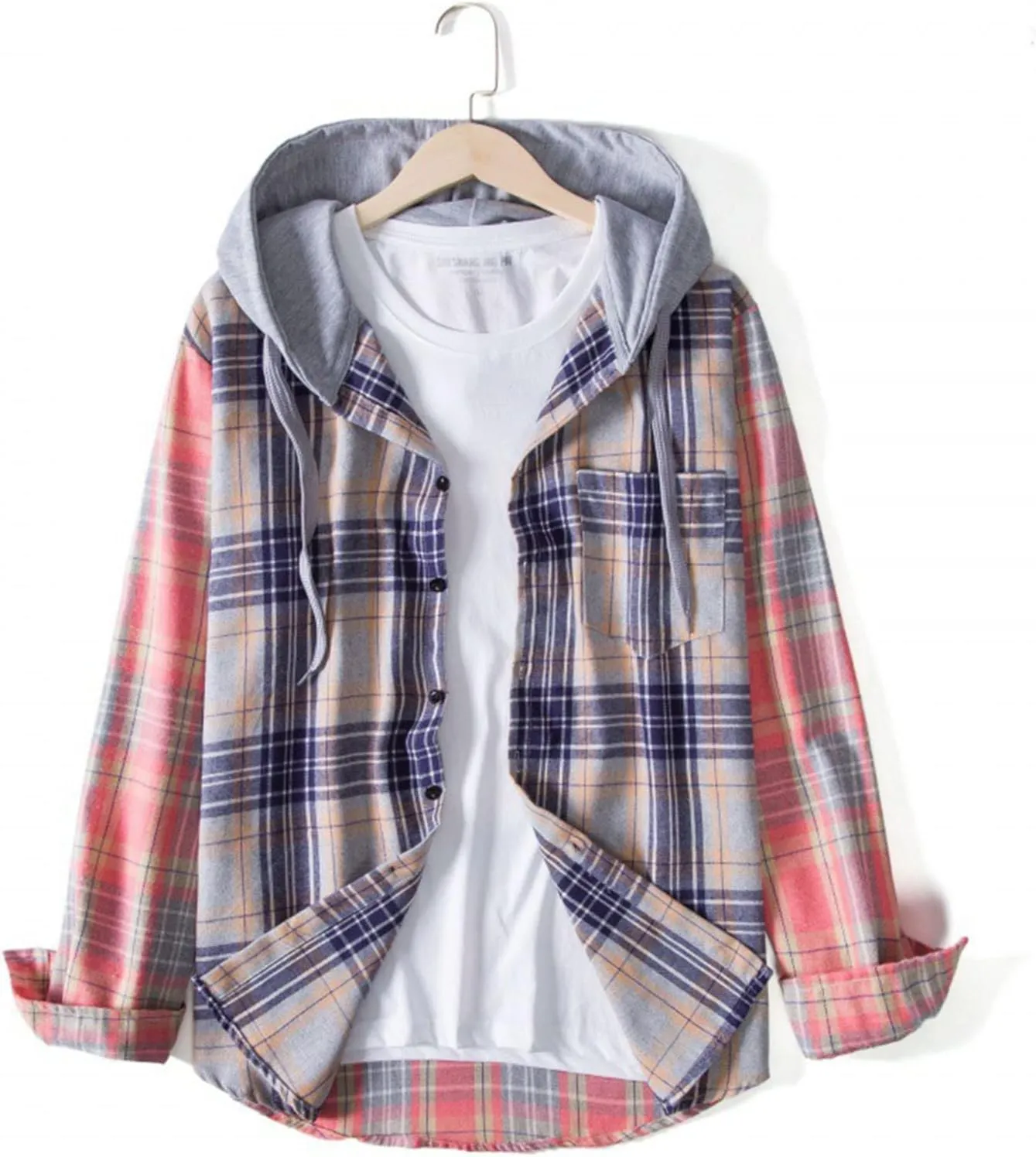 Ymosrh Men's Casual Button-Down Shirts Hooded Jackets Casual Long Sleeve Lightweight Hoodie Shirts Jacket, L-3XL