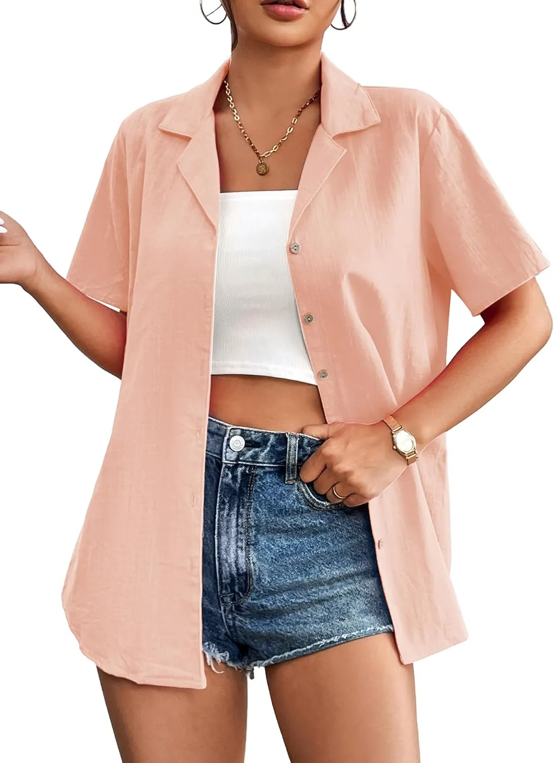 Zeagoo Women Cotton Shirt Button Down Short Sleeve Linen V Neck Blouse Casual Work Tunic