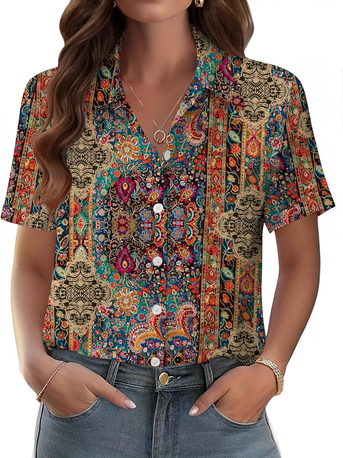 Zeagoo Womens Button Down Blouse Rolled Cuffed Short Sleeve Shirts Casual Work Blouse Summer Hawaiian Outfits