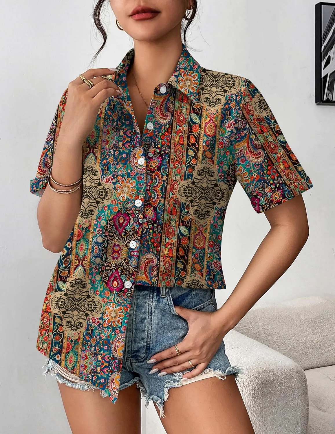 Zeagoo Womens Button Down Blouse Rolled Cuffed Short Sleeve Shirts Casual Work Blouse Summer Hawaiian Outfits