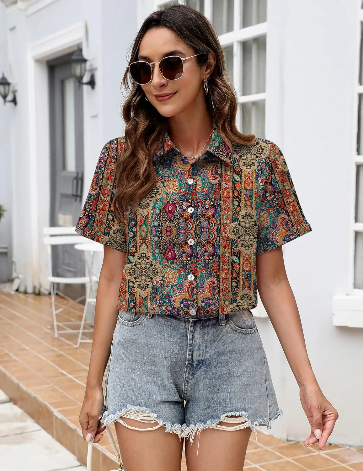 Zeagoo Womens Button Down Blouse Rolled Cuffed Short Sleeve Shirts Casual Work Blouse Summer Hawaiian Outfits