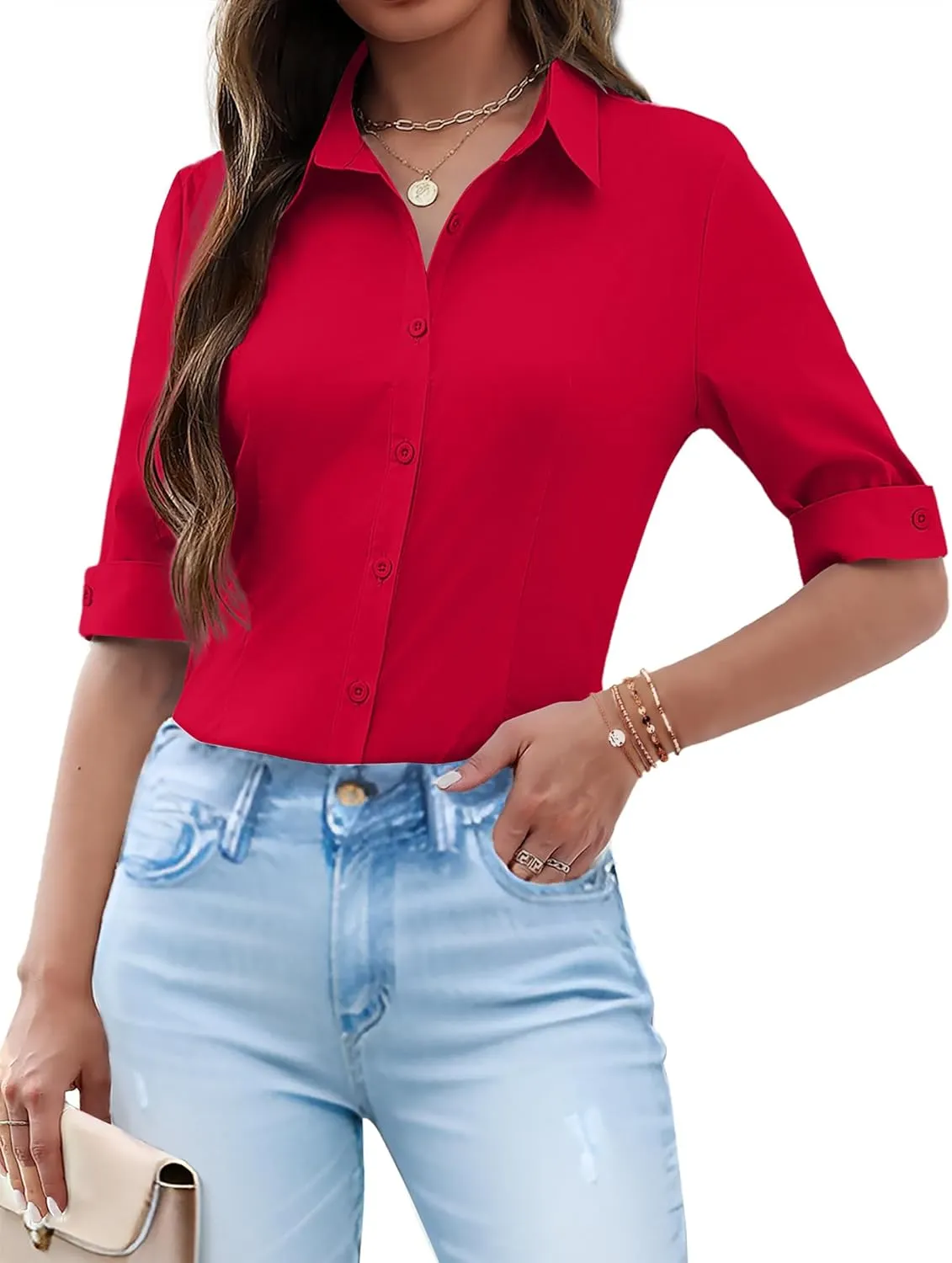 Zeagoo Womens Button Down Shirts 3/4 Sleeve Dress Blouses Business Casual Collared Oxford Tops