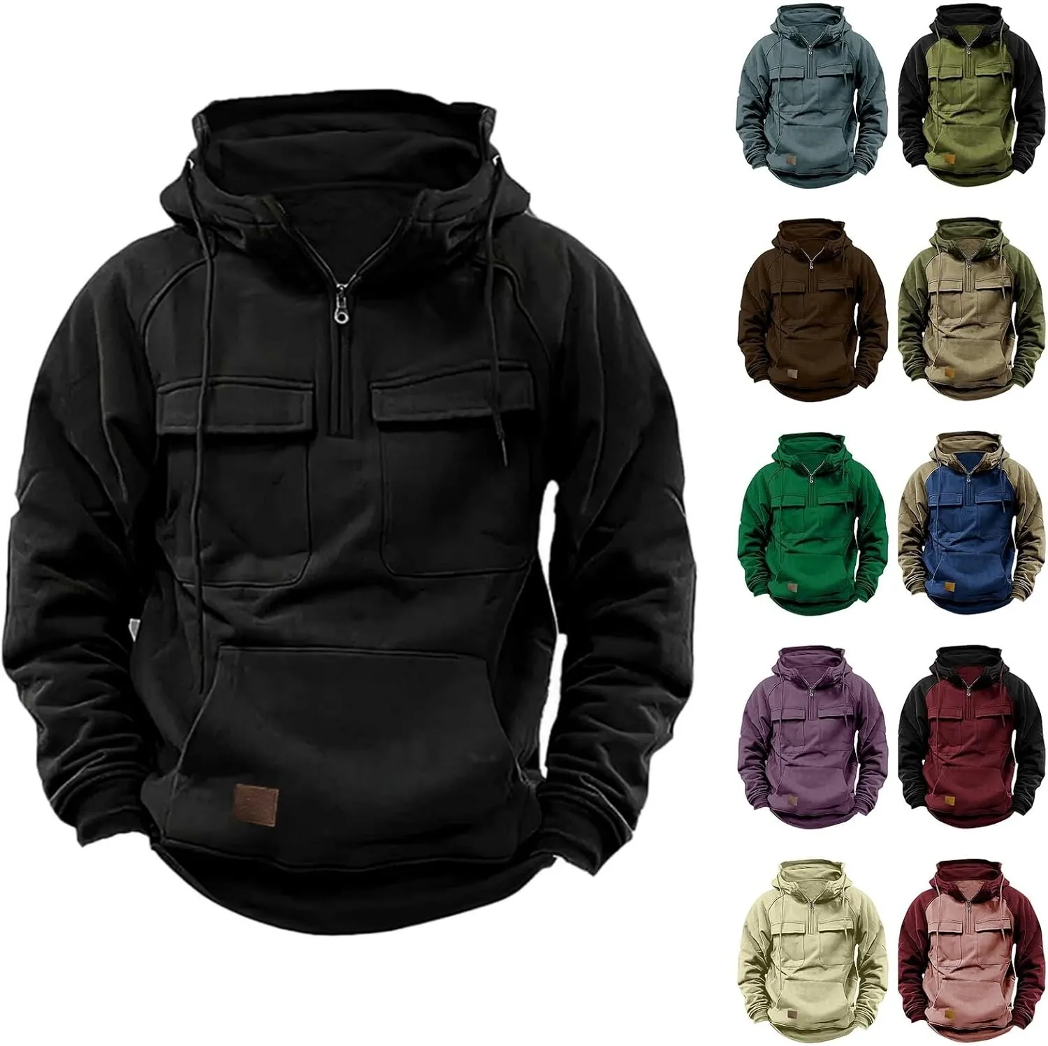 Zip Up Hoodie Men Big and Tall Long Sleeve Cargo Sweatshirts Casual Color Block Tactical Pullover Shirt Multi Pockets