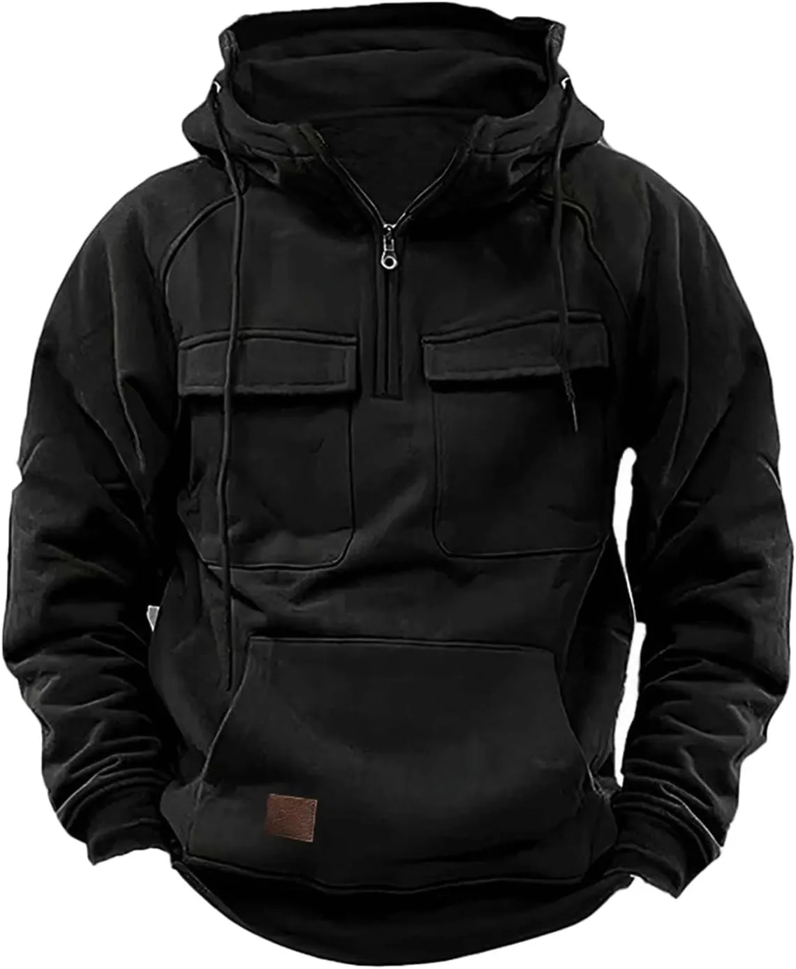 Zip Up Hoodie Men Big and Tall Long Sleeve Cargo Sweatshirts Casual Color Block Tactical Pullover Shirt Multi Pockets